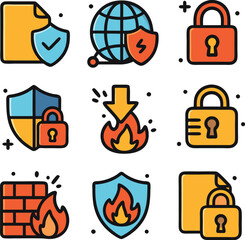 Modern Data Security Vector Icon Set Minimalist Firewall Vector Design CollectionModern Data Security Vector Icon Set Minimalist Firewall Vector Design Collection
