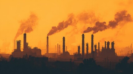 Industrial factory chimneys emit thick smoke, polluting the orange-hued sky amid heavy air pollution.
