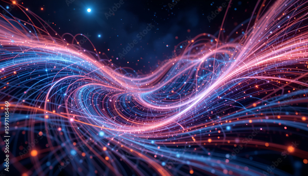 Poster abstract network data flow with blue and red glowing lines and particles in cyberspace