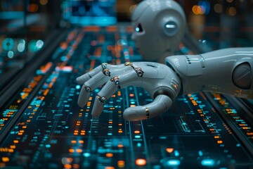 Robot hand indicating forex chart with human hand in blurred blue background  ai and finance fusion