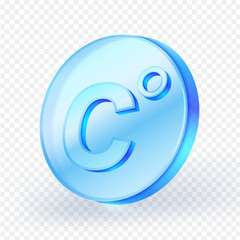 3D glass icon with letter C and degree symbol, representing Celsius temperature. Blue circular button with realistic lighting and shadow, isolated on transparent background. Vector illustration.