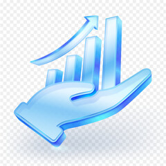 3d hand holding business growth chart icon3D translucent blue glass hand supporting a rising bar graph with an upward arrow icon, symbolizing growth, business success, and financial progress. Vector i