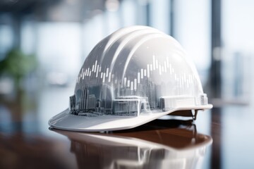 A white construction hard hat with a digital overlay of city skyscrapers and stock market graphs, symbolizing urban development and economic growth.