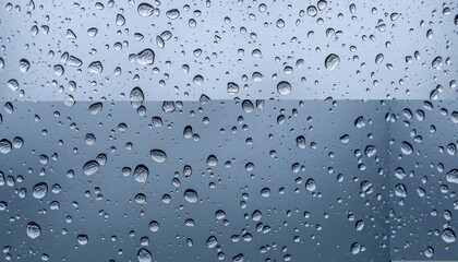 Raindrops clinging to the window pane reflecting a cloudy sky in shades of grey