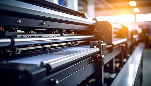 Closeup of Large Format Printer in Printing Factory with Soft Bokeh.