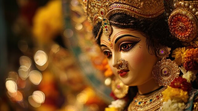 Close-up of a resplendent Durga Maa idol, adorned with gold and jewels, during a vibrant religious festival.