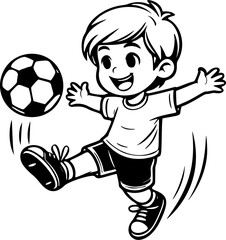 Obraz premium vector illustration, little boy playing football, outline edition