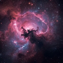 A vibrant, swirling nebula ablaze with iridescent hues of pink, purple, blue, and gold, radiating an ethereal glow, as if celestial matter is coalescing to form new stars.