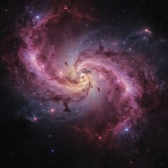 A vibrant, swirling nebula ablaze with iridescent hues of pink, purple, blue, and gold, radiating an ethereal glow, as if celestial matter is coalescing to form new stars.