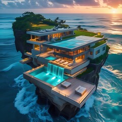 A stunning mansion built into a cliffside above turquoise ocean waves, with glass-bottom balconies, waterfall-edge infinity pools, solar glass roofing, lush green rooftop garden, glowing ambient light