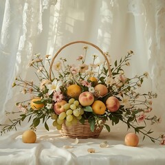A warm and inviting fruit arrangement, adorned with delicate wildflowers in pastel hues, set against a soft, creamy background infused with the gentle warmth of daylight filtering through.