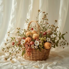 A warm and inviting fruit arrangement, adorned with delicate wildflowers in pastel hues, set against a soft, creamy background infused with the gentle warmth of daylight filtering through.
