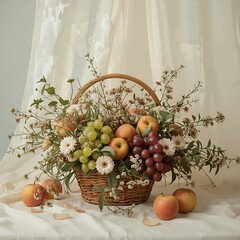 A warm and inviting fruit arrangement, adorned with delicate wildflowers in pastel hues, set against a soft, creamy background infused with the gentle warmth of daylight filtering through.
