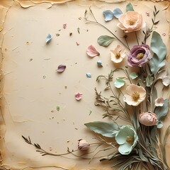A warm, creamy-colored background featuring a delicate arrangement of dried flowers, petals, and foliage, reminiscent of a vintage botanical illustration.