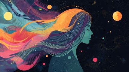 Dreamy Woman Profile with Flowing Hair and Celestial Orbs in Space