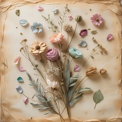 A warm, creamy-colored background featuring a delicate arrangement of dried flowers, petals, and foliage, reminiscent of a vintage botanical illustration.