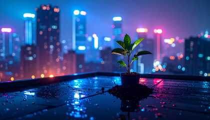 A single glowing green sprout emerging from a crack in the pavement, surrounded by tall futuristic skyscrapers at night, city lights softly glowing in the background