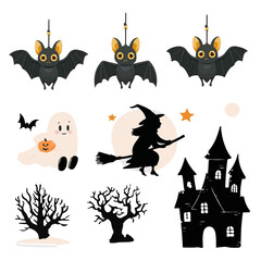 Halloween set with a ghost, potion, branches, moon, month, leaves, pumpkins, stars, eyes and candies, sweets.
