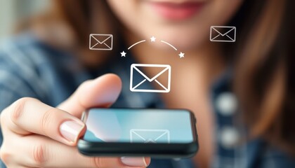 Woman checking email on smartphone, showing digital mail symbols, technology concept