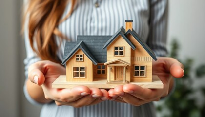 Woman Holding Miniature House Symbolizing Home Ownership and Real Estate