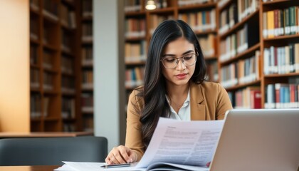 Woman Studying Documents with Laptop in a Library, Focused on Research
