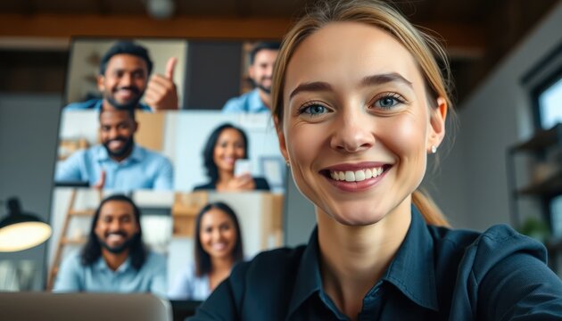 Woman in video conference smiling with colleagues during online meeting collaboration
