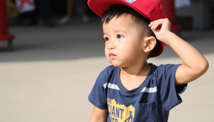 Young Boy in Red Cap and Blue Shirt Looking Away with Curiosity