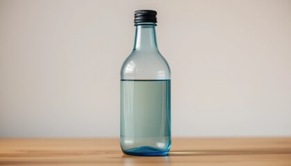 A bottle of cool liquid on a wooden surface, capturing the essence of refreshment