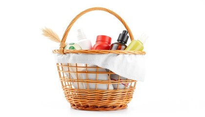A charming picnic basket filled with beauty products and bottles for self-care rituals