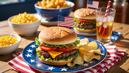 Patriotic picnic with American flag burgers, a festive 4th of July celebration, Summer picnic with hamburgers, fries, and corn, celebrating Independence Day