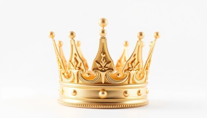 A luminous golden crown presented on a pristine white backdrop in a studio setting