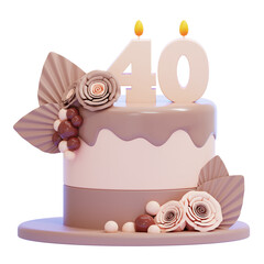 PNG 3D Birthday Cake with Number 40 Candle and Floral Decorations Icon Isolated on a White Background