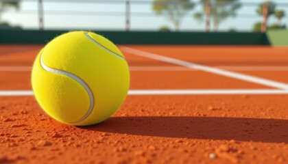 A Vibrant Tennis Ball Poised on a Clay Court with Focused Imagery
