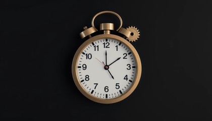 A vintage alarm clock with golden tones against a dark background