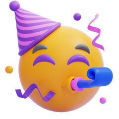 PNG 3D Party Face Emoji with Party Hat and Blower Icon Isolated on a White Background
