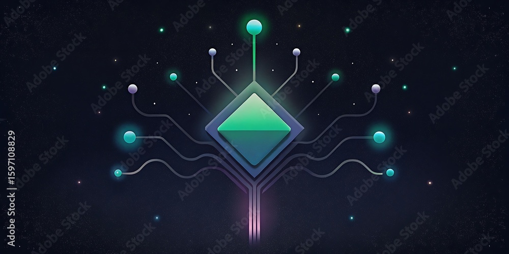 Poster a stylized digital processor with glowing green and blue nodes resembles a futuristic tree of knowle