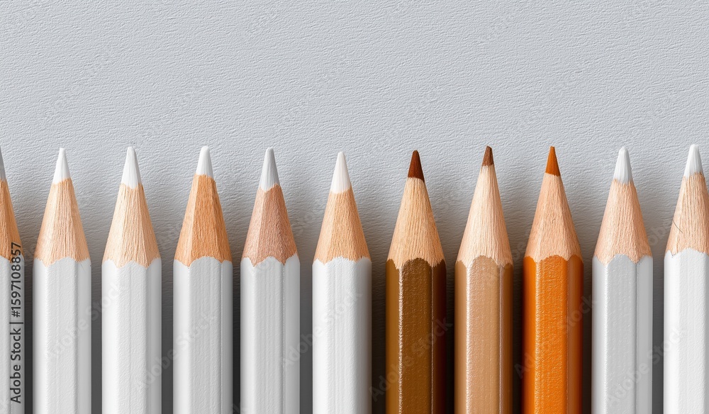 Aufkleber a minimalist overhead view of white and brown pencils arranged in a row on a light gray background, 