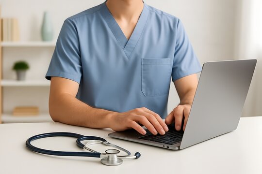A healthcare professional wearing blue scrubs sits at a desk actively typing on a laptop with a stethoscope resting nearby symbolizing modern medical practice and digital health - Powered by Adobe