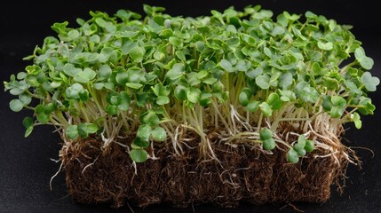Vibrant Green Microgreens, Freshly Grown Sprouts with Roots, Healthy and Nutritious,  Organic Produce, Close-up Studio Shot