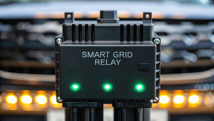 Smart grid relay device with green indicator lights used in energy sector engineering work for efficient power management and control systems