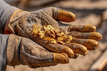 A close-up of a beekeeper gloves covered with beeswax and sticky honey residues after a harvest