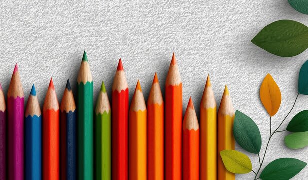 Colorful pencils arranged in a row on white background with green leaves and space for text, 3D rendering illustration of school supplies banner template design for creative artwork presentation