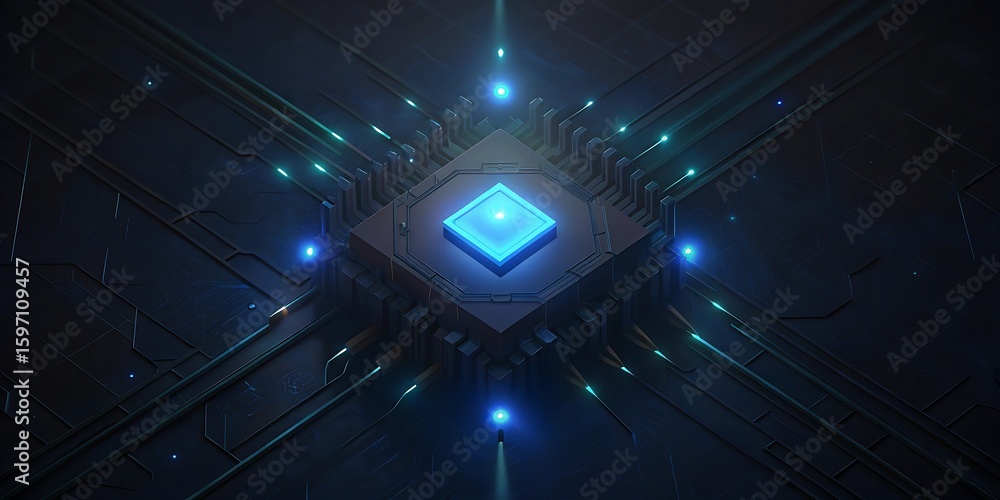 Aufkleber a futuristic cpu processor chip with glowing blue lights on a dark circuit board.