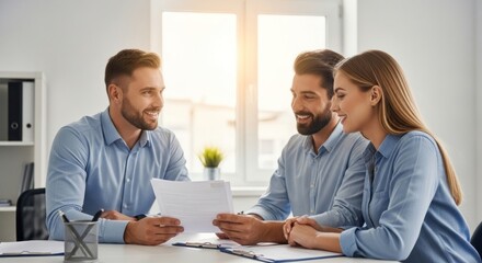Three business professionals discussing a document in an office setting.