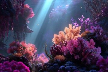 Fototapeta premium Underwater Coral Reef Scene with Sunlight, Marine Life, and Vibrant Colors