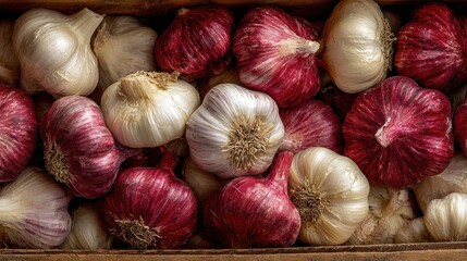 Aromatic Garlic Bulbs: Close-Up of Freshly Harvested Red and White Garlic Cloves