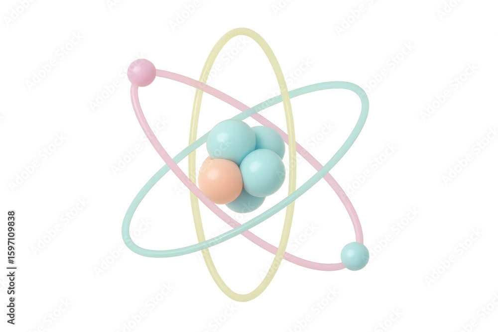 Poster 3d rendering of an atom with pastel colored electrons rotating around nucleus on a transparent backg