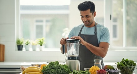 A man in an apron preparing a smoothie in a kitchen with fresh fruits and vegetables.