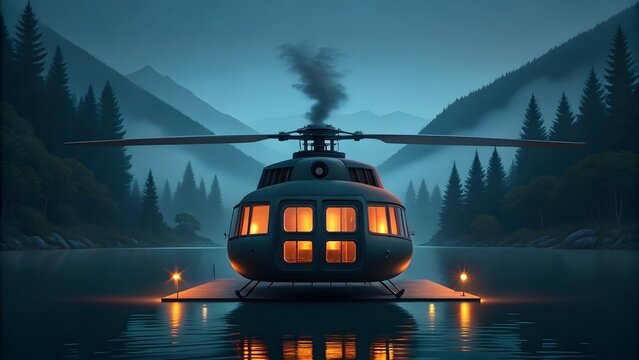 A futuristic helicopter with illuminated windows rests on a platform on a calm lake surrounded by misty mountains and pine trees at dusk
