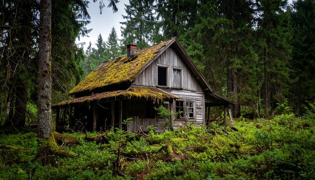 Abandoned wooden cabin in a dense forest